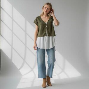 American Eagle Smocked Crop Top Textured Green Soft Boho Indie Chic Womens L NEW